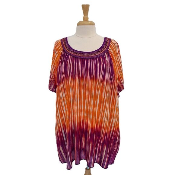 Catherines Womens 2X Sheer Blouse Multicolor Striped Pleated Slit Sleeve Boho - Picture 2 of 13